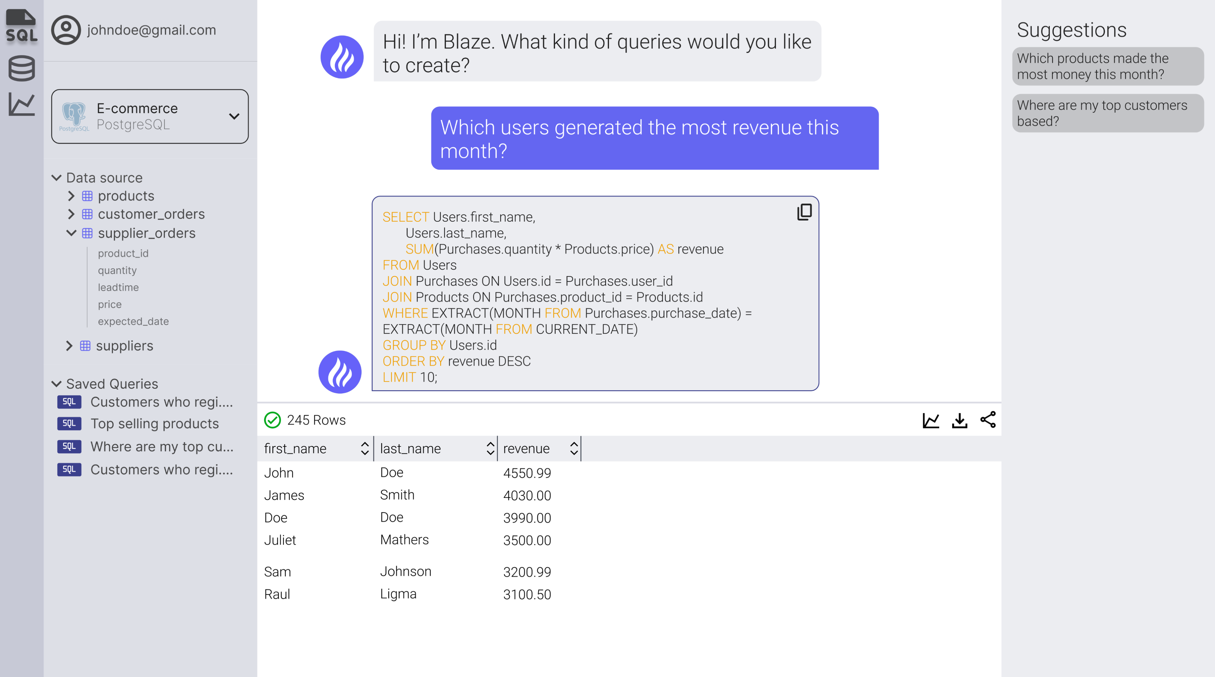BlazeSQL screenshot, showing the chat generating an SQL query with the free sql query tool