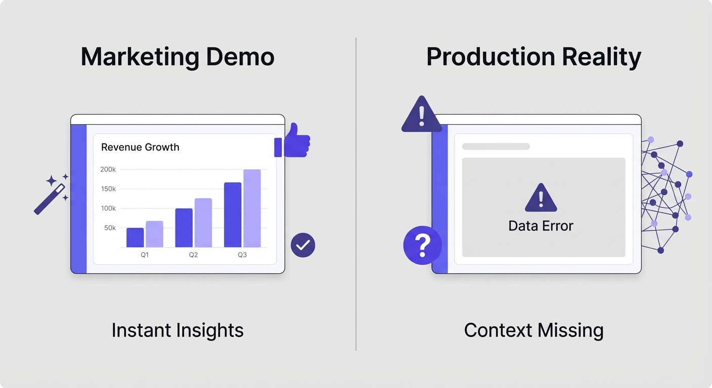 Illustration comparing AI marketing claims versus real-world results