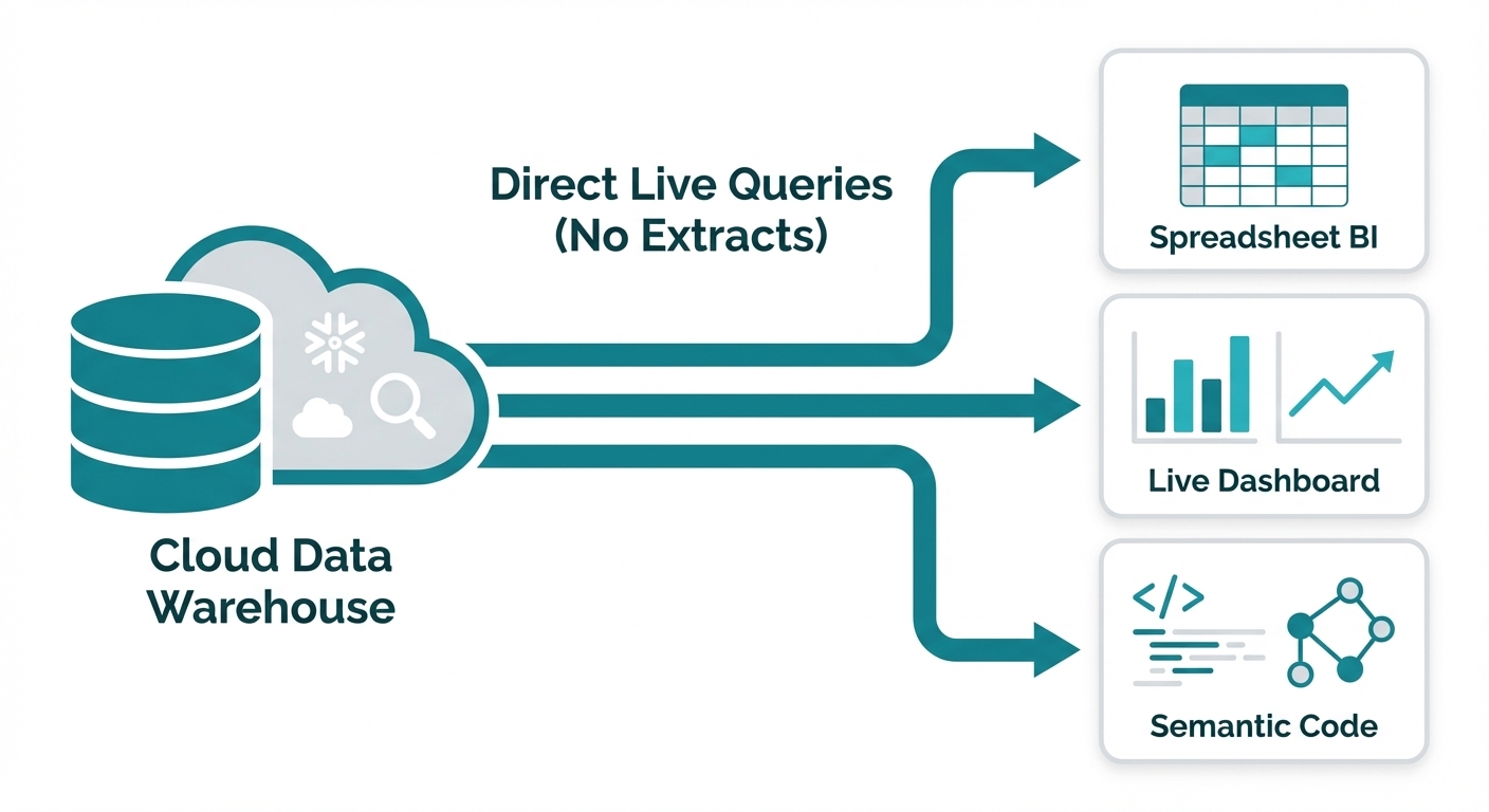 Illustration of cloud-native BI connecting to data warehouses
