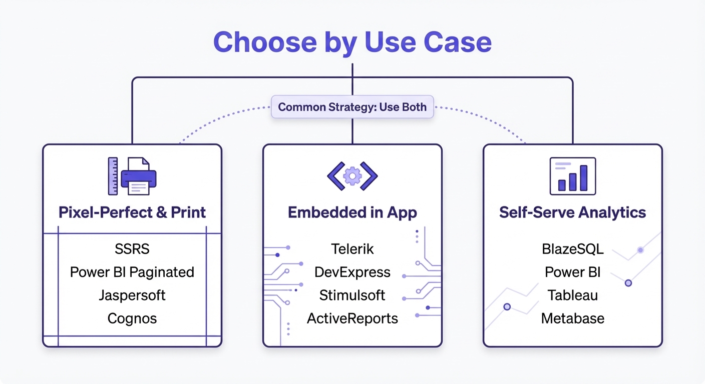 Decision tree for choosing a Crystal Reports alternative by use case