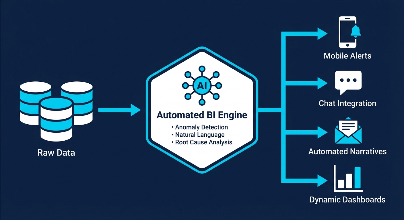 Data flowing from database through AI analysis to insights delivered across devices